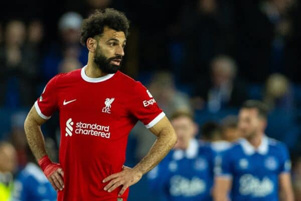 LIVERPOOL, ENGLAND - Wednesday, April 24, 2024: Liverpool's Mohamed Salah looks dejected as Everton score their side's second goal during the FA Premier League match between Everton FC and Liverpool FC, the 244th Merseyside Derby, at Goodison Park. (Photo by David Rawcliffe/Propaganda)