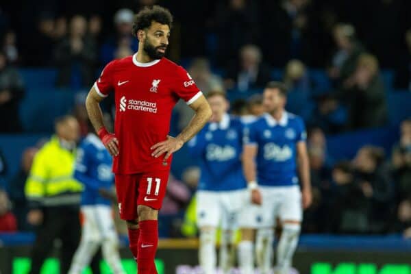 LIVERPOOL, ENGLAND - Wednesday, April 24, 2024: Liverpool's Mohamed Salah looks dejected as Everton score their side's second goal during the FA Premier League match between Everton FC and Liverpool FC, the 244th Merseyside Derby, at Goodison Park. (Photo by David Rawcliffe/Propaganda)