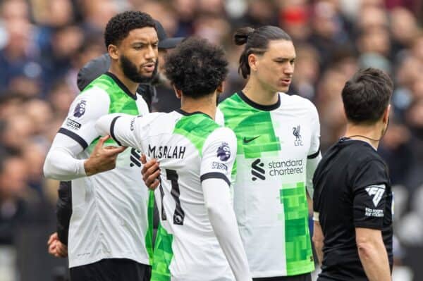 LONDON, ENGLAND - Saturday, April 27, 2024: Liverpool's Mohamed Salah is pulled away from manager Jürgen Klopp by Joe Gomez during the FA Premier League match between West Ham United FC and Liverpool FC at the London Stadium. (Photo by David Rawcliffe/Propaganda)