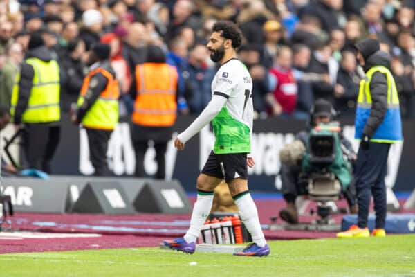 LONDON, ENGLAND - Saturday, April 27, 2024: Liverpool's Mohamed Salah walks off at the final whistle during the FA Premier League match between West Ham United FC and Liverpool FC at the London Stadium. (Photo by David Rawcliffe/Propaganda)