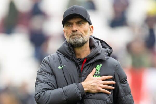 LONDON, ENGLAND - Saturday, April 27, 2024: Liverpool's manager Jürgen Klopp after the FA Premier League match between West Ham United FC and Liverpool FC at the London Stadium. (Photo by David Rawcliffe/Propaganda)