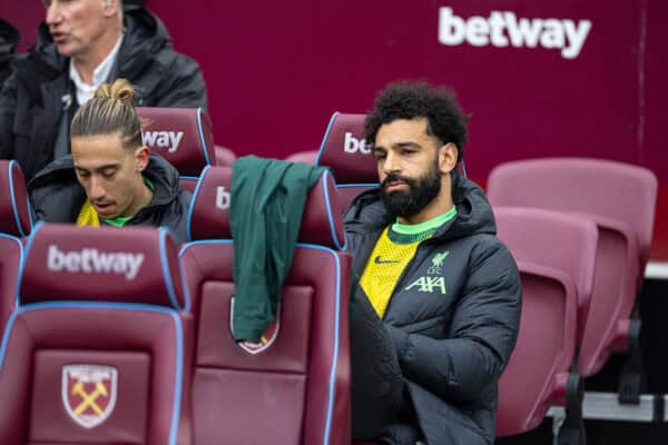 LONDON, ENGLAND - Saturday, April 27, 2024: Liverpool's substitue Mohamed Salah during the FA Premier League match between West Ham United FC and Liverpool FC at the London Stadium. (Photo by David Rawcliffe/Propaganda)