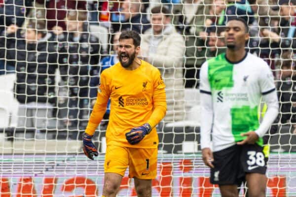 LONDON, ENGLAND - Saturday, April 27, 2024: Liverpool's goalkeeper Alisson Becker reacts after West Ham United score the opening goal during the FA Premier League match between West Ham United FC and Liverpool FC at the London Stadium. (Photo by David Rawcliffe/Propaganda)