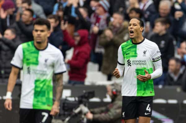 LONDON, ENGLAND - Saturday, April 27, 2024: Liverpool's captain Virgil van Dijk reacts after West Ham United score the opening goal during the FA Premier League match between West Ham United FC and Liverpool FC at the London Stadium. (Photo by David Rawcliffe/Propaganda)