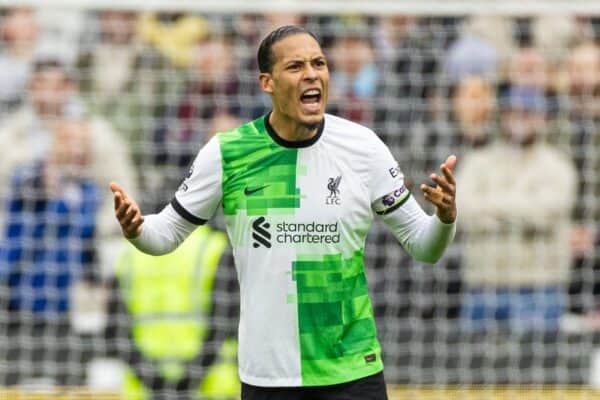 LONDON, ENGLAND - Saturday, April 27, 2024: Liverpool's captain Virgil van Dijk reacts after West Ham United score the opening goal during the FA Premier League match between West Ham United FC and Liverpool FC at the London Stadium. (Photo by David Rawcliffe/Propaganda)