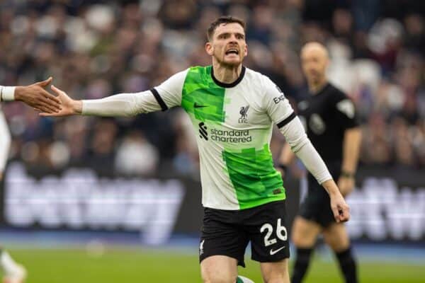  Liverpool's Andy Robertson celebrates after scoring his side's first equalising goal during the FA Premier League match between West Ham United FC and Liverpool FC at the London Stadium. (Photo by David Rawcliffe/Propaganda)