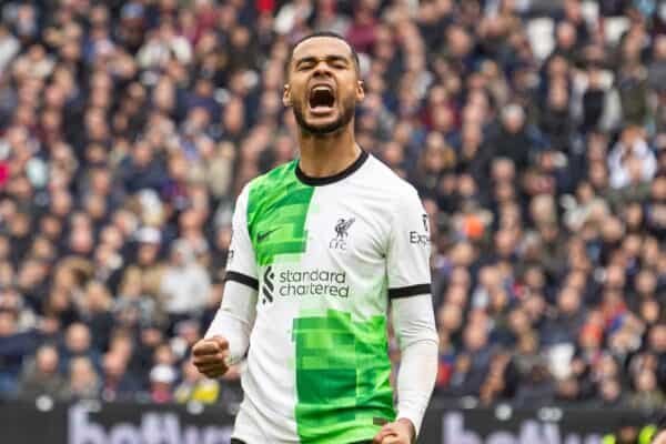 LONDON, ENGLAND - Saturday, April 27, 2024: Liverpool's Cody Gakpo celebrates after scoring hi side's second goal during the FA Premier League match between West Ham United FC and Liverpool FC at the London Stadium. (Photo by David Rawcliffe/Propaganda)