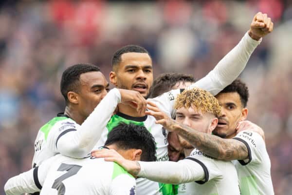 LONDON, ENGLAND - Saturday, April 27, 2024: Liverpool's Cody Gakpo celebrates after scoring hi side's second goal during the FA Premier League match between West Ham United FC and Liverpool FC at the London Stadium. (Photo by David Rawcliffe/Propaganda)
