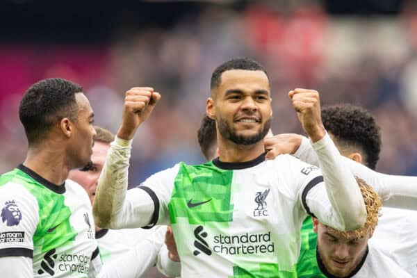 LONDON, ENGLAND - Saturday, April 27, 2024: Liverpool's Cody Gakpo celebrates after scoring hi side's second goal during the FA Premier League match between West Ham United FC and Liverpool FC at the London Stadium. (Photo by David Rawcliffe/Propaganda)