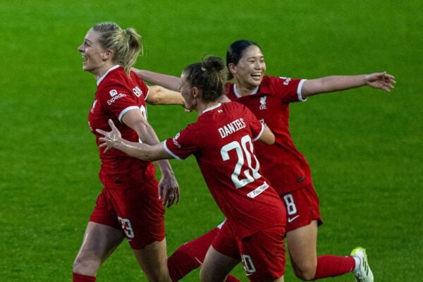 BIRKENHEAD, ENGLAND - Wednesday, May 1, 2024: Liverpool's Gemma Bonner (L) celebrates with team-mates after scoring the second goal during the FA Women’s Super League game between Liverpool FC Women and Chelsea FC Women at Prenton Park. (Photo by David Rawcliffe/Propaganda)