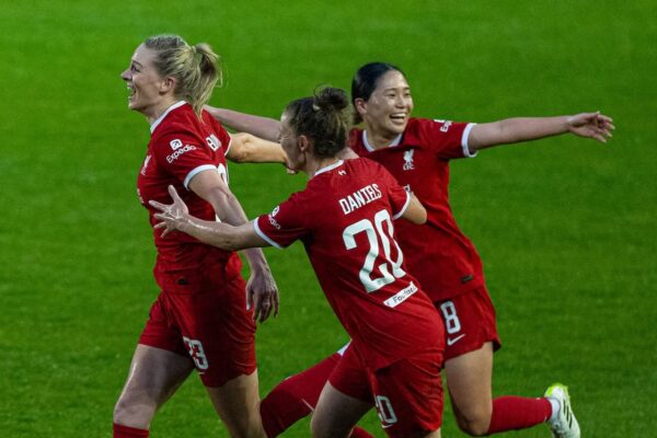 BIRKENHEAD, ENGLAND - Wednesday, May 1, 2024: Liverpool's Gemma Bonner (L) celebrates with team-mates after scoring the second goal during the FA Women’s Super League game between Liverpool FC Women and Chelsea FC Women at Prenton Park. (Photo by David Rawcliffe/Propaganda)