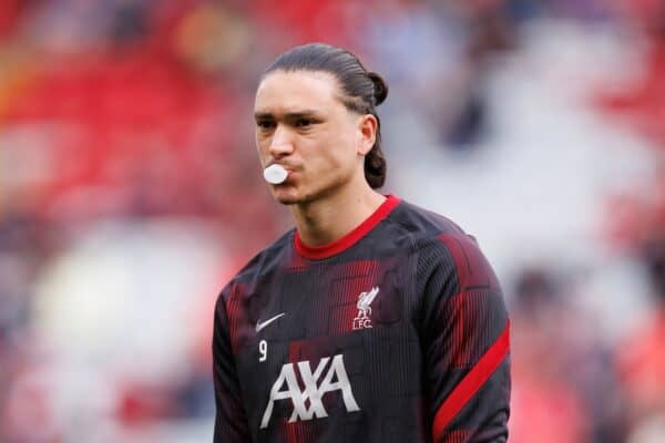 Darwin Nunez of Liverpool before the FA Premier League match between Liverpool FC and Tottenham Hotspur FC at Anfield. (Photo by Ryan Brown/Propaganda)