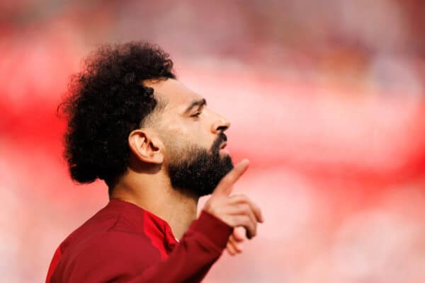 LIVERPOOL, ENGLAND - Sunday, May 5, 2024:  Mohamed Salah of Liverpool walks out before the FA Premier League match between Liverpool FC and Tottenham Hotspur FC at Anfield. (Photo by Ryan Brown/Propaganda)