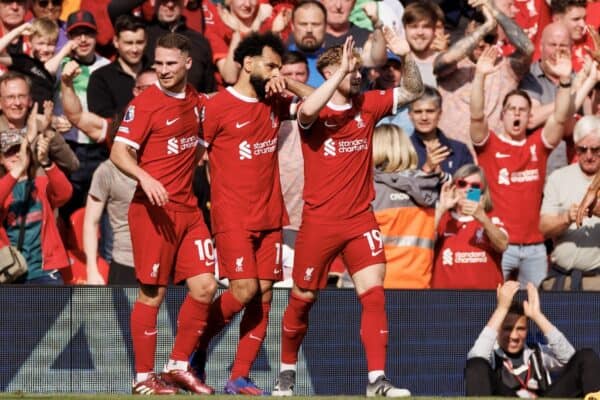  Mohamed Salah of Liverpool celebrates a goal 0-1 before the FA Premier League match between Liverpool FC and Tottenham Hotspur FC at Anfield. (Photo by Ryan Brown/Propaganda)