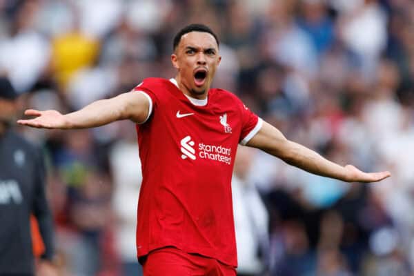 LIVERPOOL, ENGLAND - Sunday, May 5, 2024: Trent Alexander-Arnold of Liverpool reacts during the FA Premier League match between Liverpool FC and Tottenham Hotspur FC at Anfield. (Photo by Ryan Brown/Propaganda)