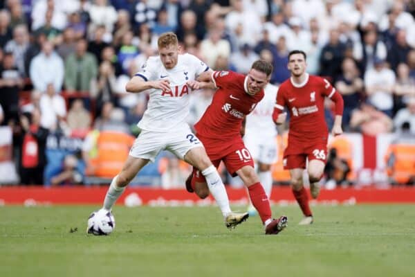 LIVERPOOL, ENGLAND - Sunday, May 5, 2024: Dejan Kulusevski of Tottenham Hotspur and Alexis Mac Allister of Liverpool during the FA Premier League match between Liverpool FC and Tottenham Hotspur FC at Anfield. (Photo by Ryan Brown/Propaganda)