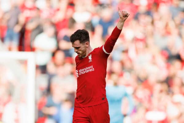 LIVERPOOL, ENGLAND - Sunday, May 5, 2024: Andrew Robertson of Liverpool celebrates a goal 2-0 the FA Premier League match between Liverpool FC and Tottenham Hotspur FC at Anfield.  (Photo by Ryan Brown/Propaganda)