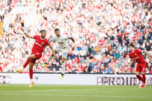 LIVERPOOL, ENGLAND - Sunday, May 5, 2024: Cody Gakpo of Liverpool scores a goal and celebrates 3-0 during the FA Premier League match between Liverpool FC and Tottenham Hotspur FC at Anfield. (Photo by Ryan Brown/Propaganda)