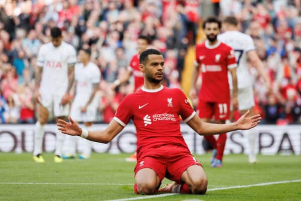 LIVERPOOL, ENGLAND - Sunday, May 5, 2024: Cody Gakpo of Liverpool scores a goal and celebrates 3-0 during the FA Premier League match between Liverpool FC and Tottenham Hotspur FC at Anfield. (Photo by Ryan Brown/Propaganda)