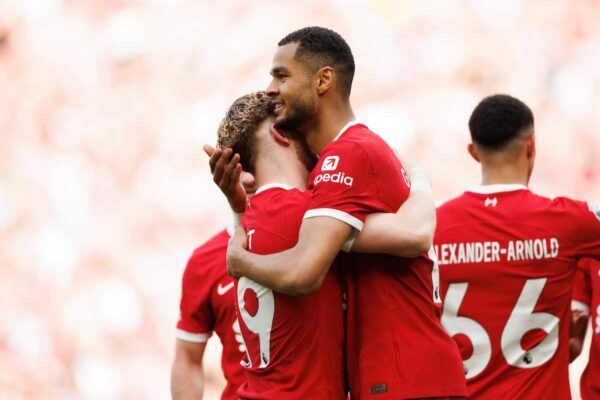 LIVERPOOL, ENGLAND - Sunday, May 5, 2024: Cody Gakpo of Liverpool scores a goal and celebrates 3-0 during the FA Premier League match between Liverpool FC and Tottenham Hotspur FC at Anfield. (Photo by Ryan Brown/Propaganda)