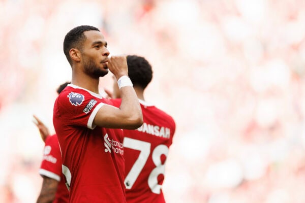 LIVERPOOL, ENGLAND - Sunday, May 5, 2024: Cody Gakpo of Liverpool scores a goal and celebrates 3-0 during the FA Premier League match between Liverpool FC and Tottenham Hotspur FC at Anfield. (Photo by Ryan Brown/Propaganda)