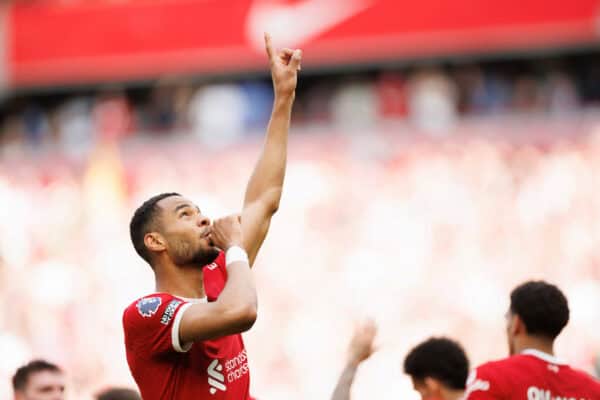 LIVERPOOL, ENGLAND - Sunday, May 5, 2024: Cody Gakpo of Liverpool scores a goal and celebrates 3-0 during the FA Premier League match between Liverpool FC and Tottenham Hotspur FC at Anfield. (Photo by Ryan Brown/Propaganda)