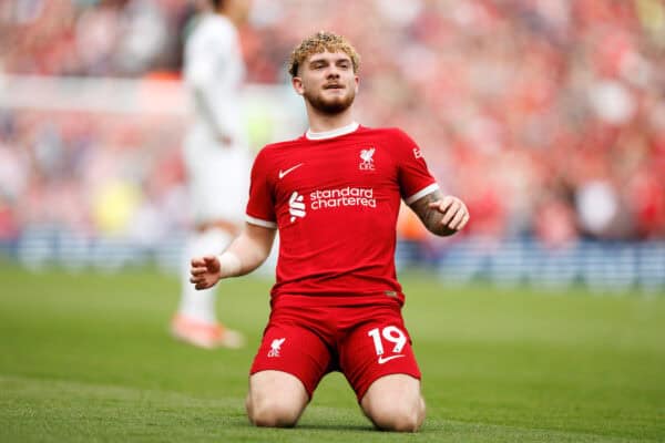  Harvey Elliott of Liverpool celebrates 4-0 during the FA Premier League match between Liverpool FC and Tottenham Hotspur FC at Anfield. (Photo by Ryan Brown/Propaganda)