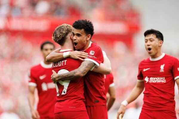 LIVERPOOL, ENGLAND - Sunday, May 5, 2024: Harvey Elliott of Liverpool celebrates with Curtis Jones of Liverpool 4-0 during the FA Premier League match between Liverpool FC and Tottenham Hotspur FC at Anfield. (Photo by Ryan Brown/Propaganda)