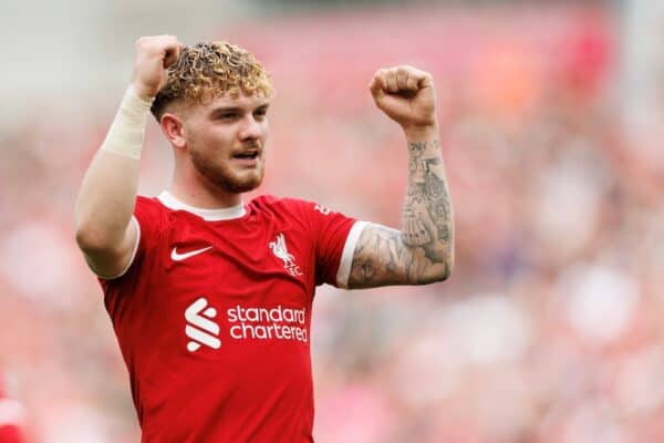 LIVERPOOL, ENGLAND - Sunday, May 5, 2024: Harvey Elliott of Liverpool celebrates 4-0 during the FA Premier League match between Liverpool FC and Tottenham Hotspur FC at Anfield. (Photo by Ryan Brown/Propaganda)