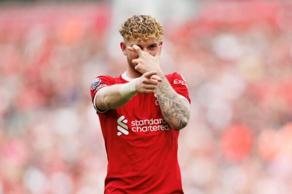 LIVERPOOL, ENGLAND - Sunday, May 5, 2024: Harvey Elliott of Liverpool celebrates 4-0 during the FA Premier League match between Liverpool FC and Tottenham Hotspur FC at Anfield. (Photo by Ryan Brown/Propaganda)