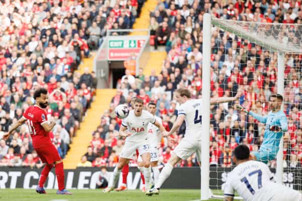 LIVERPOOL, ENGLAND - Sunday, May 5, 2024: Mohamed Salah of Liverpool shoots at goal during the FA Premier League match between Liverpool FC and Tottenham Hotspur FC at Anfield. (Photo by Ryan Brown/Propaganda)