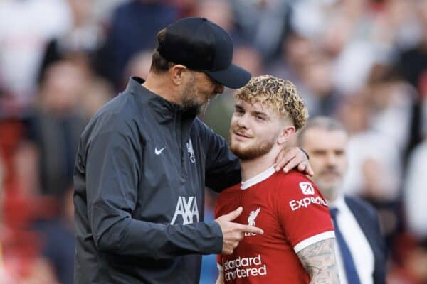 LIVERPOOL, ENGLAND - Sunday, May 5, 2024: Jurgen Klopp Manager of Liverpool and Harvey Elliott of Liverpool during the FA Premier League match between Liverpool FC and Tottenham Hotspur FC at Anfield. (Photo by Ryan Brown/Propaganda)