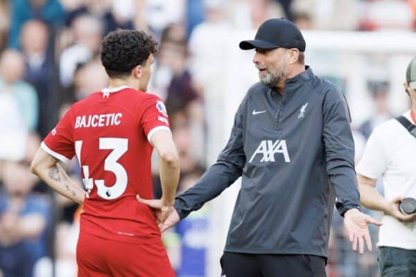  Jurgen Klopp Manager of Liverpool talks to Stefan Bajcetic of Liverpool the FA Premier League match between Liverpool FC and Tottenham Hotspur FC at Anfield. (Photo by Ryan Brown/Propaganda)