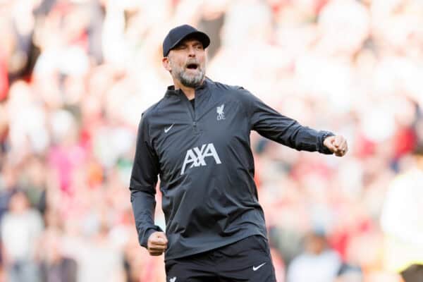 LIVERPOOL, ENGLAND - Sunday, May 5, 2024: Jurgen Klopp Manager of Liverpool celebrates after the FA Premier League match between Liverpool FC and Tottenham Hotspur FC at Anfield. (Photo by Ryan Brown/Propaganda)