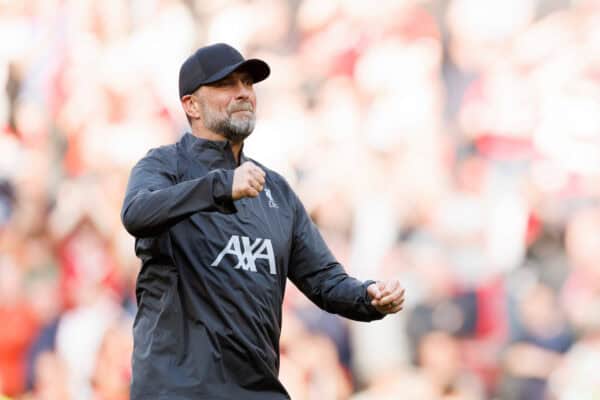 LIVERPOOL, ENGLAND - Sunday, May 5, 2024: Jurgen Klopp Manager of Liverpool celebrates after the FA Premier League match between Liverpool FC and Tottenham Hotspur FC at Anfield. (Photo by Ryan Brown/Propaganda)