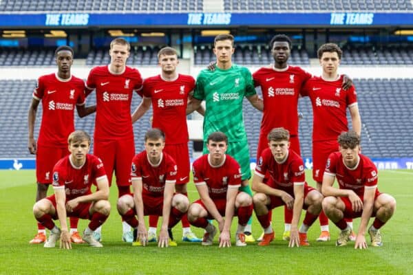 LONDON, ENGLAND - Sunday, May 12, 2024: Liverpool players line-up for a team group photograph before the Premier League 2 Quarter-Final Play-Off match between Tottenham Hotspur FC Under-21's and Liverpool FC Under-21's at the Tottenham Hotspur Stadium. (Photo by David Rawcliffe/Propaganda)