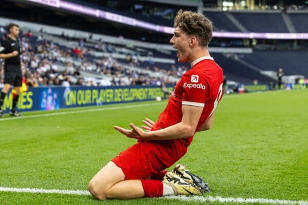 LONDON, ENGLAND - Sunday, May 12, 2024: Liverpool's Lewis Koumas celebrates after scoring the first goal during the Premier League 2 Quarter-Final Play-Off match between Tottenham Hotspur FC Under-21's and Liverpool FC Under-21's at the Tottenham Hotspur Stadium. (Photo by David Rawcliffe/Propaganda)