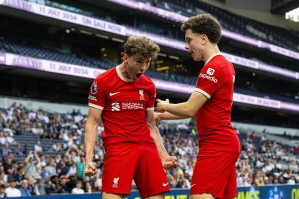 LONDON, ENGLAND - Sunday, May 12, 2024: Liverpool's Lewis Koumas (L) celebrates with team-mate Kieran Morrison after scoring the first goal during the Premier League 2 Quarter-Final Play-Off match between Tottenham Hotspur FC Under-21's and Liverpool FC Under-21's at the Tottenham Hotspur Stadium. (Photo by David Rawcliffe/Propaganda)