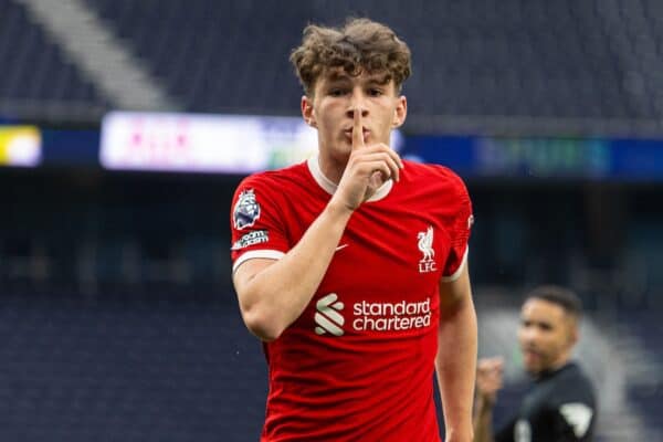 LONDON, ENGLAND - Sunday, May 12, 2024: Liverpool's Lewis Koumas celebrates after scoring the first goal during the Premier League 2 Quarter-Final Play-Off match between Tottenham Hotspur FC Under-21's and Liverpool FC Under-21's at the Tottenham Hotspur Stadium. (Photo by David Rawcliffe/Propaganda)