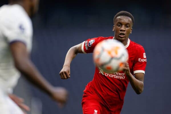 LONDON, ENGLAND - Sunday, May 12, 2024: Liverpool's Trey Nyoni during the Premier League 2 Quarter-Final Play-Off match between Tottenham Hotspur FC Under-21's and Liverpool FC Under-21's at the Tottenham Hotspur Stadium. (Photo by David Rawcliffe/Propaganda)