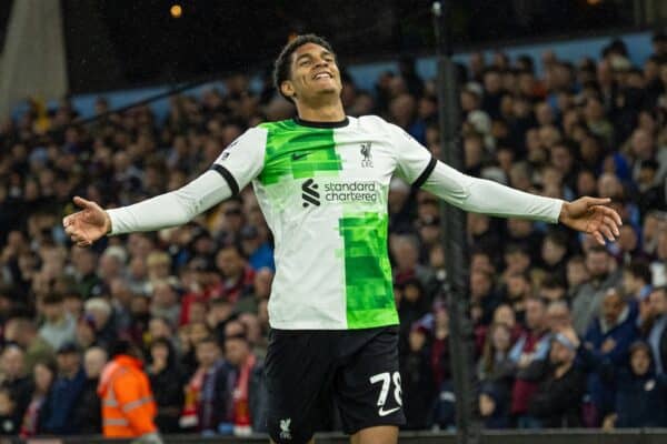 BIRMINGHAM, ENGLAND - Monday, May 13, 2024: Liverpool's Jarell Quansah celebrates after scoring the third goal during the FA Premier League match between Aston Villa FC and Liverpool FC at Villa Park. (Photo by David Rawcliffe/Propaganda)