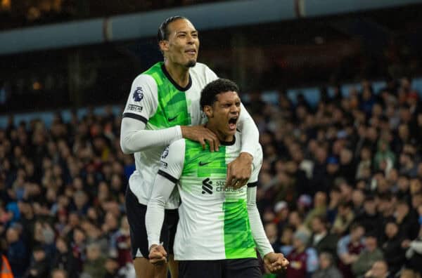 BIRMINGHAM, ENGLAND - Monday, May 13, 2024: Liverpool's Jarell Quansah (R) celebrates with team-mate captain Virgil van Dijk after scoring the third goal during the FA Premier League match between Aston Villa FC and Liverpool FC at Villa Park. (Photo by David Rawcliffe/Propaganda)