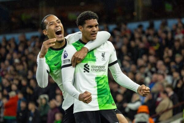 BIRMINGHAM, ENGLAND - Monday, May 13, 2024: Liverpool's Jarell Quansah (R) celebrates with team-mate captain Virgil van Dijk after scoring the third goal during the FA Premier League match between Aston Villa FC and Liverpool FC at Villa Park. (Photo by David Rawcliffe/Propaganda)