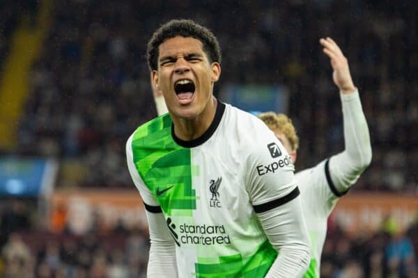 BIRMINGHAM, ENGLAND - Monday, May 13, 2024: Liverpool's Jarell Quansah celebrates after scoring the third goal during the FA Premier League match between Aston Villa FC and Liverpool FC at Villa Park. (Photo by David Rawcliffe/Propaganda)