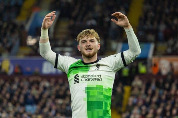 BIRMINGHAM, ENGLAND - Monday, May 13, 2024: Liverpool's Harvey Elliott celebrates his side's third goal during the FA Premier League match between Aston Villa FC and Liverpool FC at Villa Park. (Photo by David Rawcliffe/Propaganda)