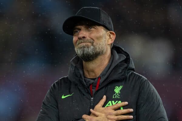 BIRMINGHAM, ENGLAND - Monday, May 13, 2024: Liverpool's manager Jürgen Klopp waves to the travelling supporters after the FA Premier League match between Aston Villa FC and Liverpool FC at Villa Park. (Photo by David Rawcliffe/Propaganda)