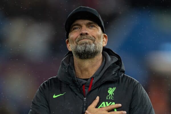 BIRMINGHAM, ENGLAND - Monday, May 13, 2024: Liverpool's manager Jürgen Klopp waves to the travelling supporters after the FA Premier League match between Aston Villa FC and Liverpool FC at Villa Park. (Photo by David Rawcliffe/Propaganda)
