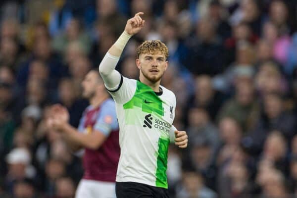 BIRMINGHAM, ENGLAND - Monday, May 13, 2024: Liverpool's Harvey Elliott celebrates after forcing the opening goal, and own-goal from Aston Villa's goalkeeper Emiliano Martínez, during the FA Premier League match between Aston Villa FC and Liverpool FC at Villa Park. (Photo by David Rawcliffe/Propaganda)