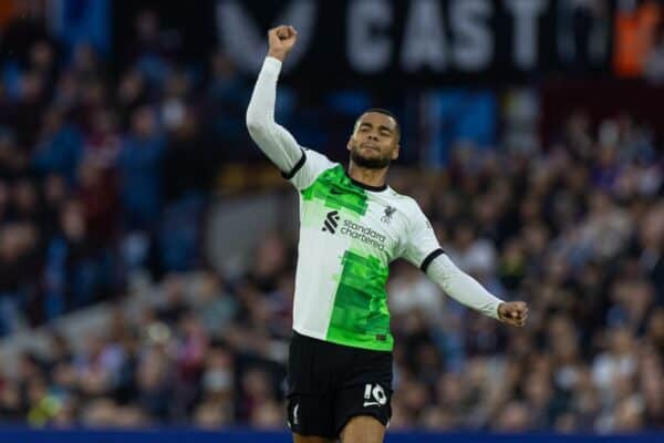 BIRMINGHAM, ENGLAND - Monday, May 13, 2024: Liverpool's Cody Gakpo celebrates after scoring the second goal during the FA Premier League match between Aston Villa FC and Liverpool FC at Villa Park. (Photo by David Rawcliffe/Propaganda)