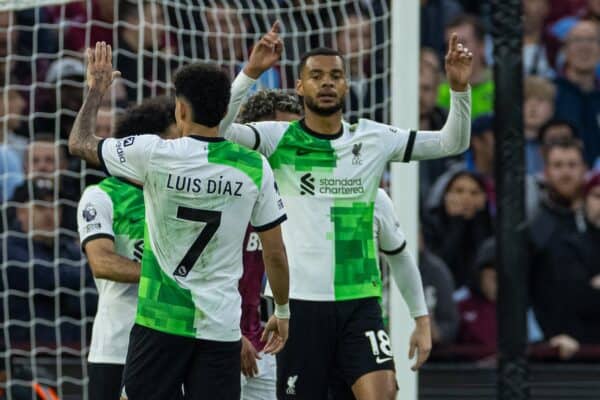 BIRMINGHAM, ENGLAND - Monday, May 13, 2024: Liverpool's Cody Gakpo celebrates after scoring the second goal during the FA Premier League match between Aston Villa FC and Liverpool FC at Villa Park. (Photo by David Rawcliffe/Propaganda)